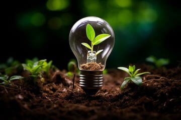 Planting a light bulb in soil with plants - innovative concept. Generative AI - obrazy, fototapety, plakaty
