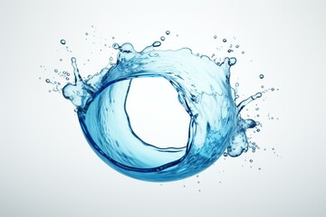 Circular blue water splash with isolated drops on white backdrop, rendered in 3D. Generative AI
