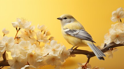  a bird sitting on a branch of a tree with white flowers.  generative ai