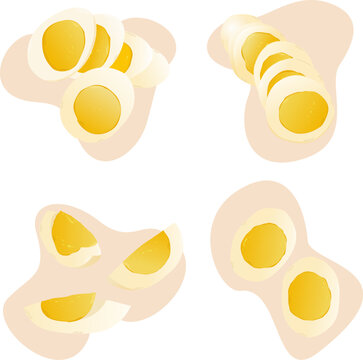 A set of images of eggs of different shapes lying on the surface. Pieces of boiled egg. Chop the boiled eggs. Vector illustration

