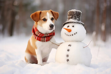 Cute dog in scarf and snowman in winter forest