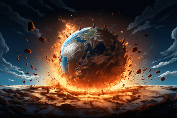 Planet Earth burning and being destroyed by climate change. Perspective of the end of the world. Cartoon style. Generative IA - obrazy, fototapety, plakaty