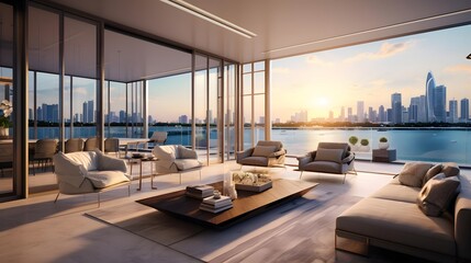 Panorama of modern living room with swimming pool and cityscape background