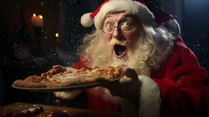 Santa Claus eating a pizza - obrazy, fototapety, plakaty
