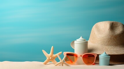 Fototapeta na wymiar a hat, sunglasses, and starfish on a beach. generative ai