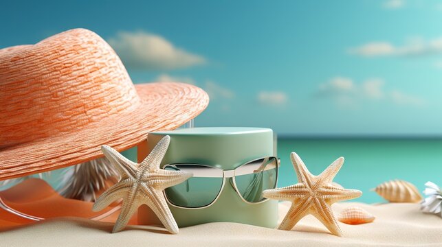  a hat, sunglasses, and starfish on a beach.  generative ai