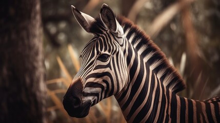 Zebra in the jungle. Wildlife scene from nature. Animal portrait.