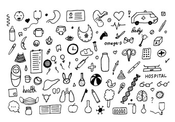 Doodle Set of hand-drawn baby medicine. Pregnancy set, toys, food, accessories. Big set of hand drawn doodle medicine with lettering. Vector illustration.