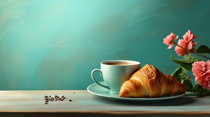  a cup of coffee and a croissant on a table.  generative ai