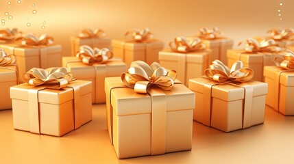  a group of gold gift boxes with gold bows on them.  generative ai