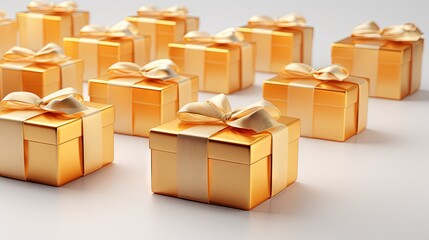  a group of gold gift boxes with a bow on them.  generative ai