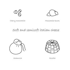 Italian cheese doodles icon. Cherry mozzarella, mozzarella knots, scamorza, ricotta. Editable stroke, eps 10.
