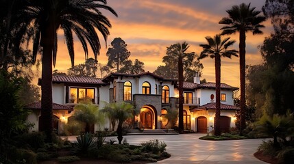 Panoramic image of luxury villa with palm trees at sunset