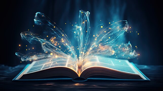  an open book with glowing lights coming out of the pages.  generative ai