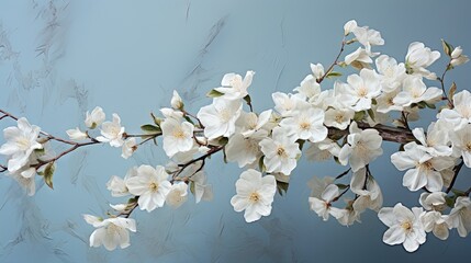 a branch with white flowers on it against a blue background.  generative ai
