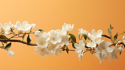  a branch of a tree with white flowers on an orange background.  generative ai