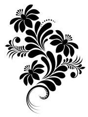 Floral decorative pattern in black on a white background. Simple design element made of flowers, leaves, curls, dots. Decorative pattern silhouette.