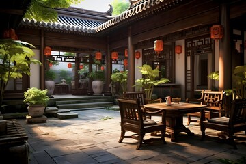 Panorama of a Chinese garden with a terrace and a wooden table