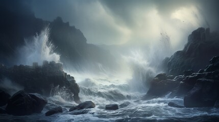 Powerful ocean waves crashing against rugged cliffs, spraying mist into the air. - obrazy, fototapety, plakaty