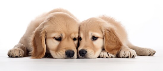 Golden retriever puppy and mother dog in close contact on the floor - obrazy, fototapety, plakaty