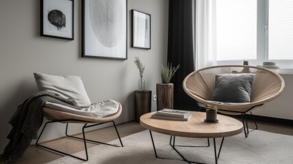 Living room decor, home interior design . Scandinavian Minimalist style with Wall Art decorated with Wood and Metal material . Generative AI AIG26.