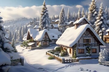 Fototapeta premium Winter Christmas Landscape with Village Houses Covered with Snow and Tree , Generative Ai