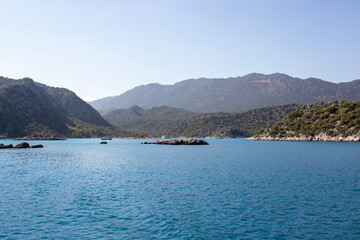 Fototapeta na wymiar atmospheric perspective, sea and mountain and ships on the horizon. Antalya TURKEY.