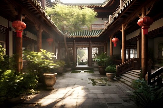 Chinese temple in china, panoramic view from a garden