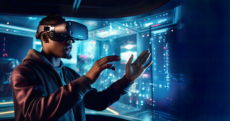 Man with virtual reality. Generative AI.