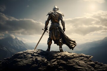 3D illustration of a medieval knight in armor on a mountain top - obrazy, fototapety, plakaty