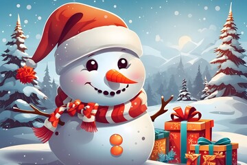 Cheerful Snowman with Santa Hat Background , Generative Ai