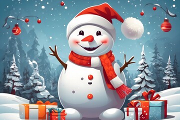 Cheerful Snowman with Santa Hat Background , Generative Ai