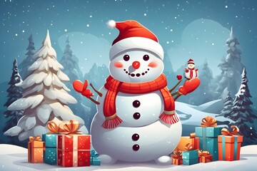 Cheerful Snowman with Santa Hat Background , Generative Ai