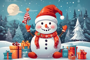 Cheerful Snowman with Santa Hat Background , Generative Ai