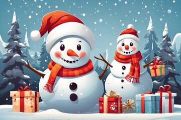 Cheerful Snowman with Santa Hat Background , Generative Ai