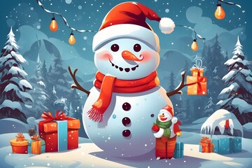 Cheerful Snowman with Santa Hat Background , Generative Ai