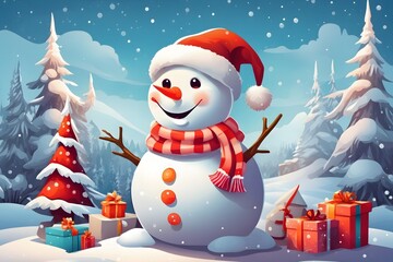 Cheerful Snowman with Santa Hat Background , Generative Ai