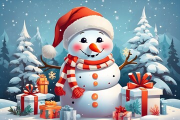 Cheerful Snowman with Santa Hat Background , Generative Ai