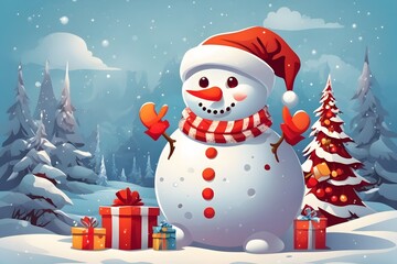 Cheerful Snowman with Santa Hat Background , Generative Ai