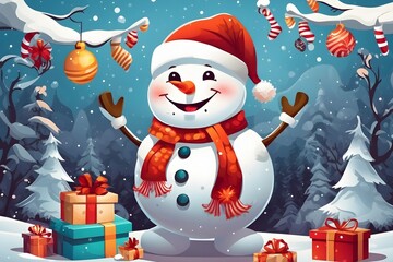 Cheerful Snowman with Santa Hat Background , Generative Ai