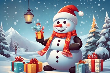 Cheerful Snowman with Santa Hat Background , Generative Ai