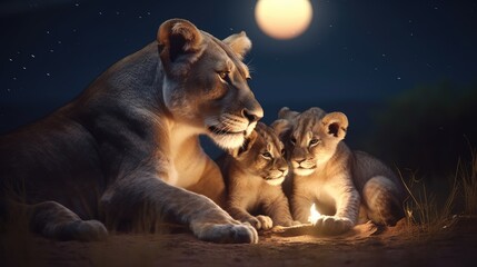 Lioness with her cubs in a dark night with stars background