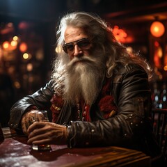 Elderly male rocker in a bar. A grandfather with a white beard and a leather jacket plays the guitar and drinks whiskey. Hardcore old man. Festive neon decor on background.