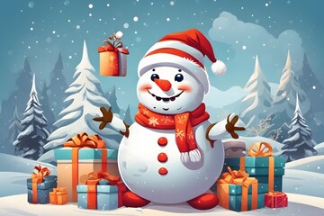 Cheerful Snowman with Santa Hat Background , Generative Ai