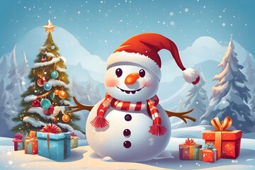 Cheerful Snowman with Santa Hat Background , Generative Ai