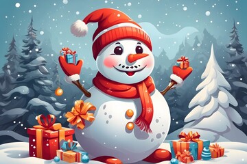 Cheerful Snowman with Santa Hat Background , Generative Ai