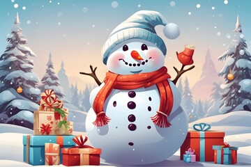 Cheerful Snowman with Santa Hat Background , Generative Ai
