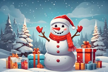 Cheerful Snowman with Santa Hat Background , Generative Ai