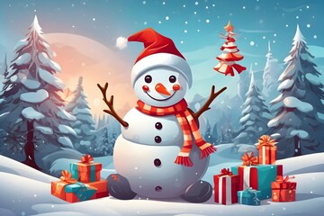 Cheerful Snowman with Santa Hat Background , Generative Ai