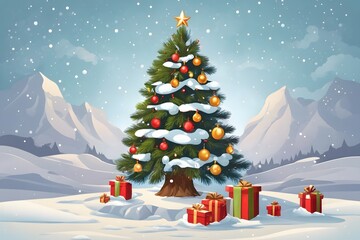 Christmas Gift Tree with Snow Background, Generative Ai